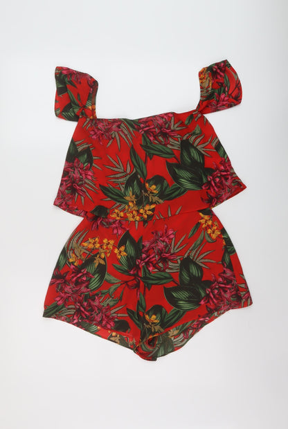 Missguided Womens Red Floral Polyester Playsuit One-Piece Size 4 Zip
