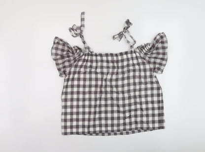 Great Plains Womens Grey Check Cotton Basic Blouse Size 10 Square Neck