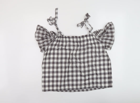 Great Plains Womens Grey Check Cotton Basic Blouse Size 10 Square Neck