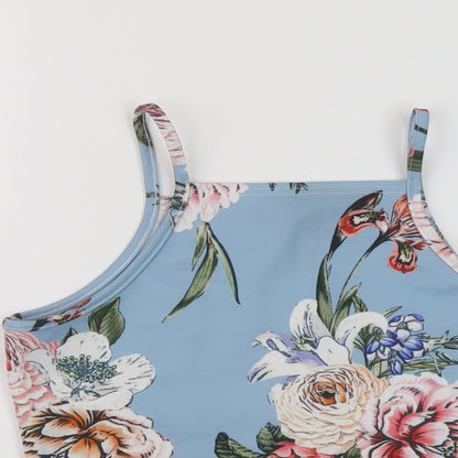 Boohoo Womens Blue Floral Polyester Cropped Tank Size 6 Square Neck