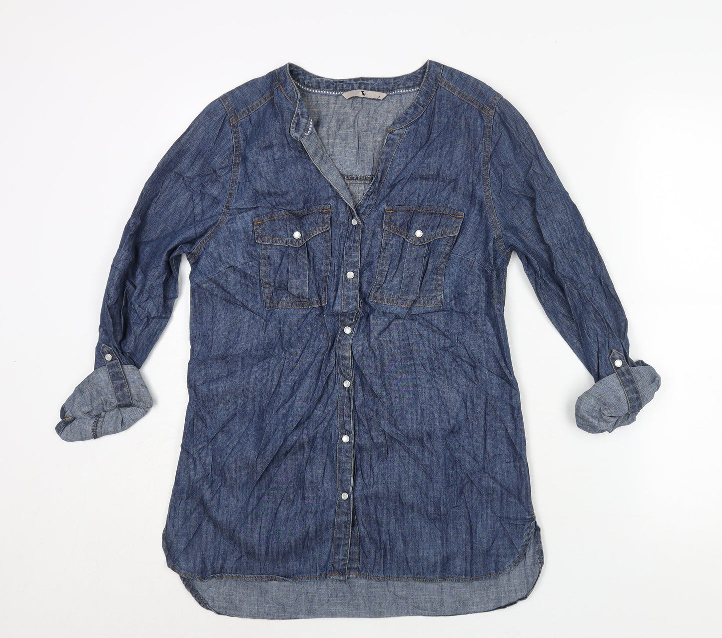 TU Womens Blue Cotton Basic Button-Up Size 8 V-Neck