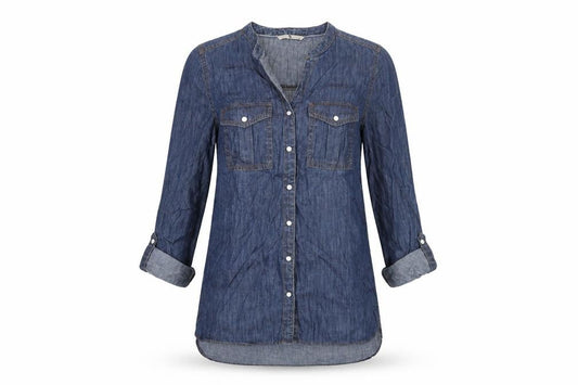 TU Womens Blue Cotton Basic Button-Up Size 8 V-Neck