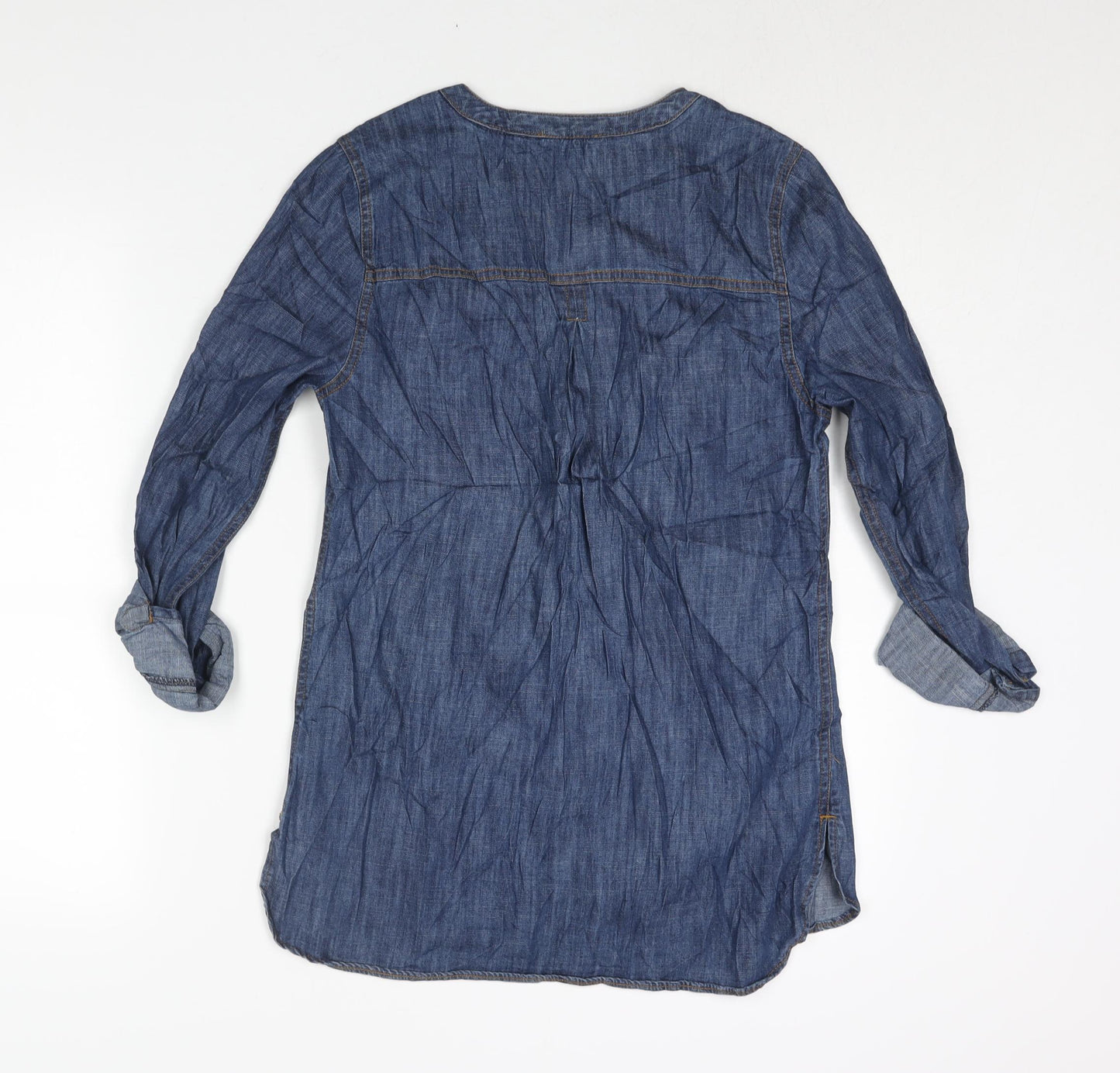 TU Womens Blue Cotton Basic Button-Up Size 8 V-Neck