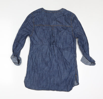 TU Womens Blue Cotton Basic Button-Up Size 8 V-Neck