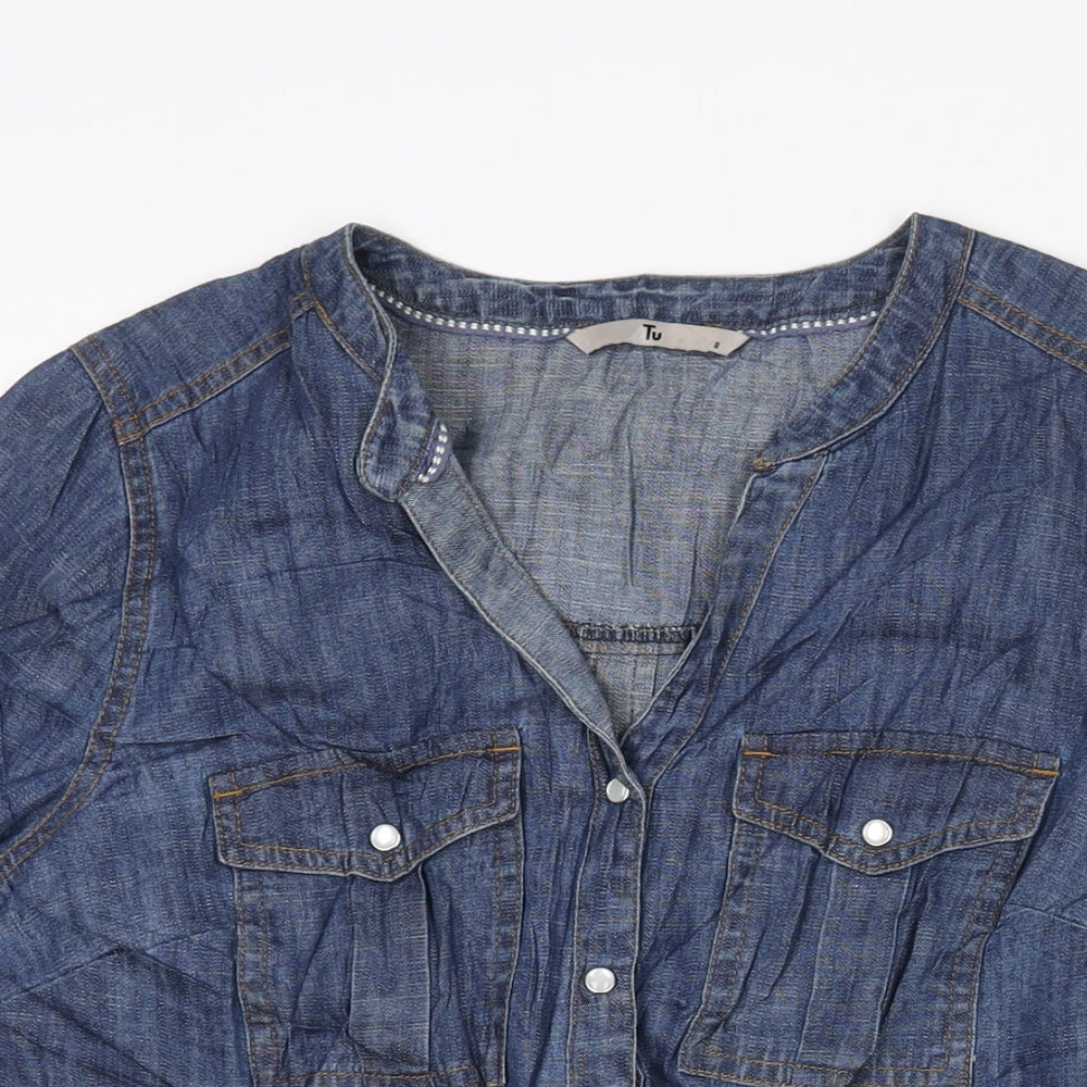 TU Womens Blue Cotton Basic Button-Up Size 8 V-Neck