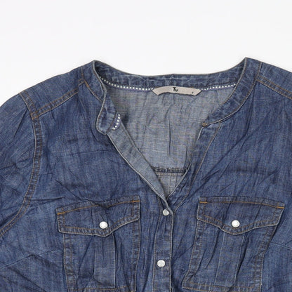 TU Womens Blue Cotton Basic Button-Up Size 8 V-Neck