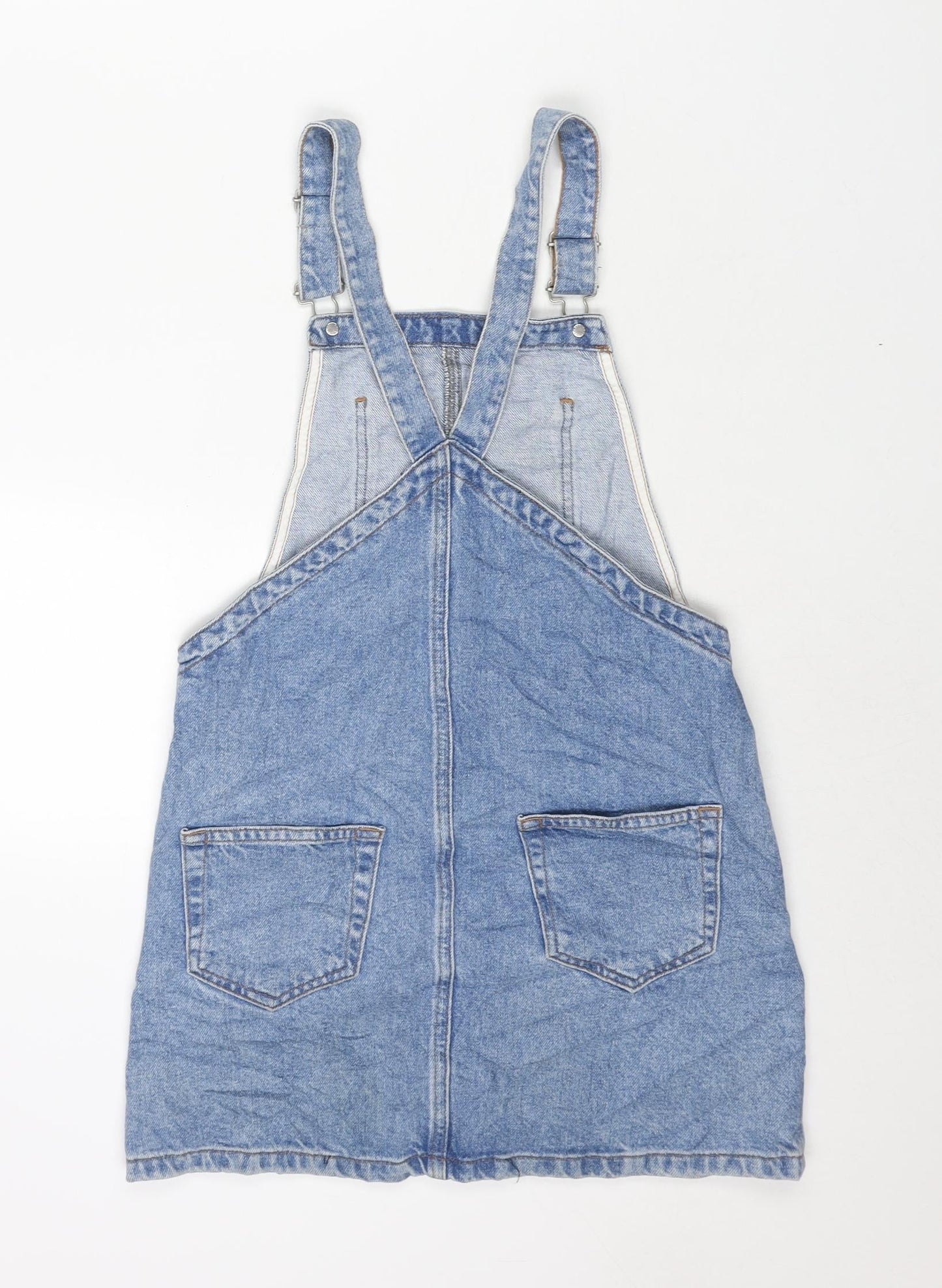 Topshop Womens Blue Cotton Pinafore/Dungaree Dress Size 6 Square Neck Buckle