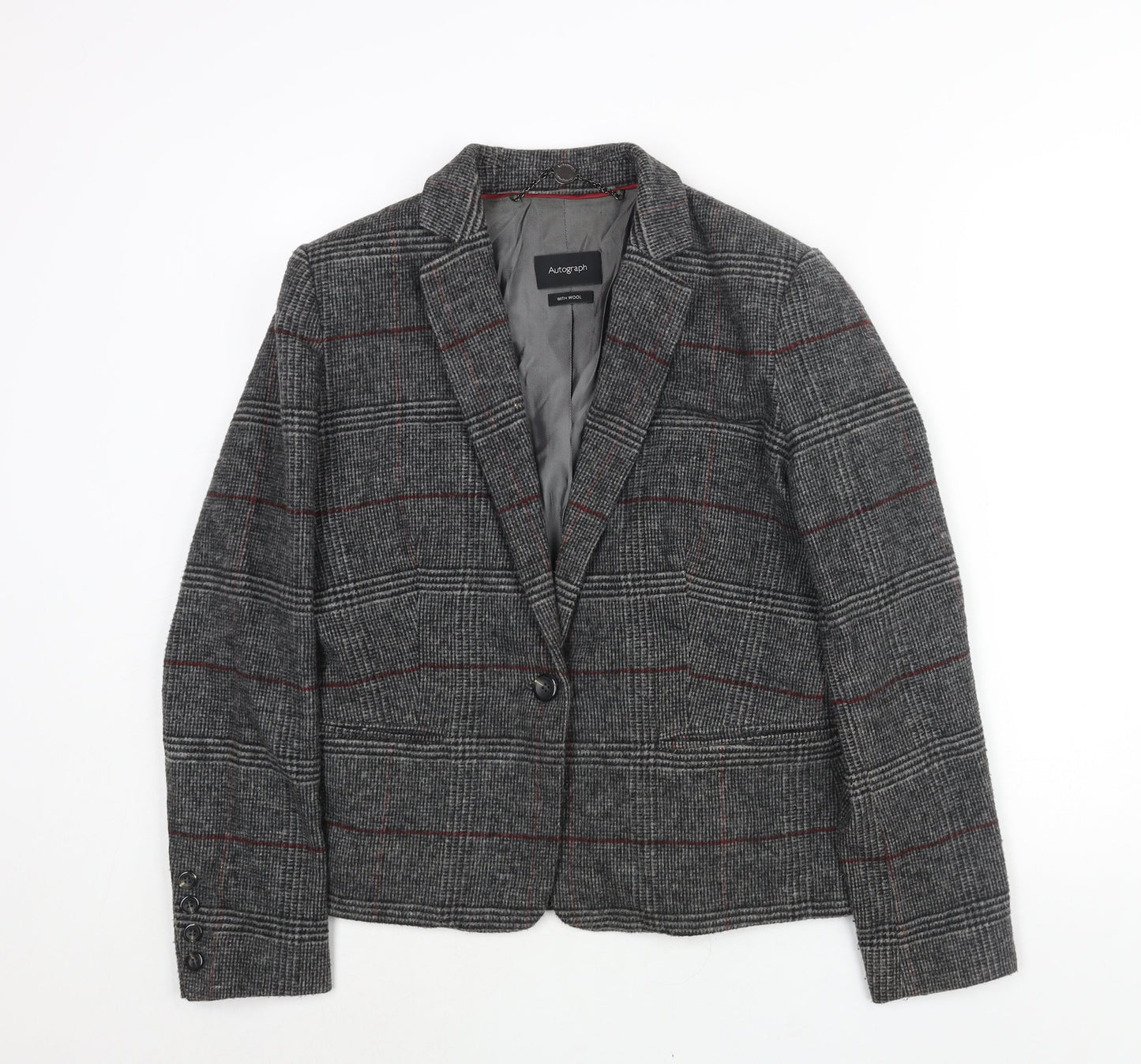 Autograph Womens Grey Check Jacket Blazer Size 14 Button