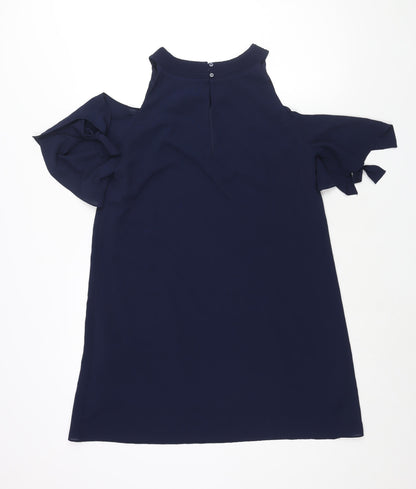 Zara Womens Blue Polyester Shift Size M Round Neck Button - Cold Shoulder Tie