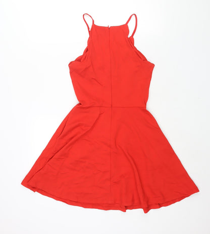 JustFab Womens Red Polyester Fit & Flare Size S Round Neck Zip