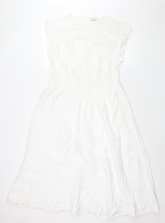 Marks and Spencer Womens White Viscose Shift Size 14 Round Neck Button - Rouched