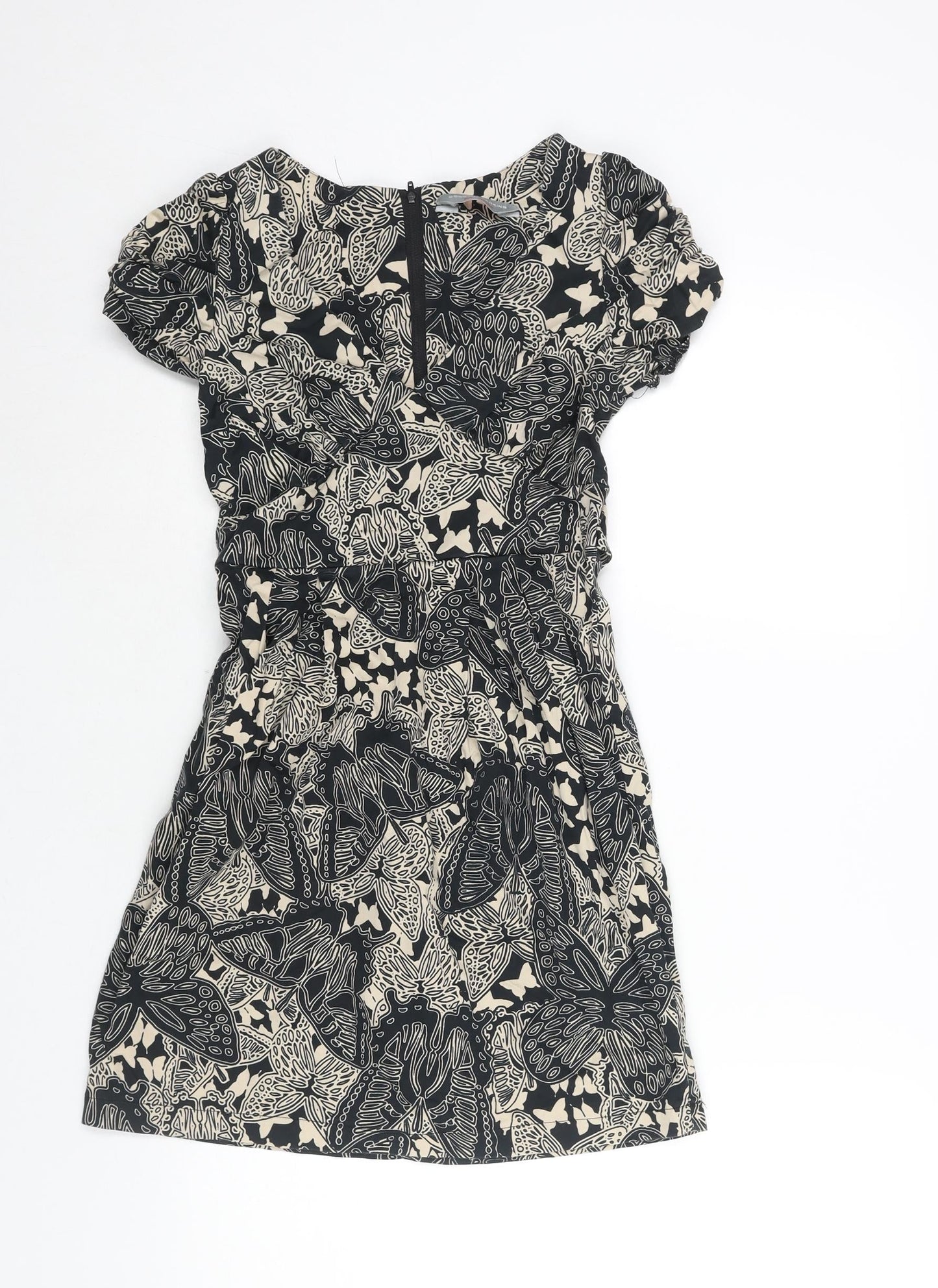 Dorothy Perkins Womens Black Geometric Cotton A-Line Size 6 V-Neck Zip - Belted Leaf Print