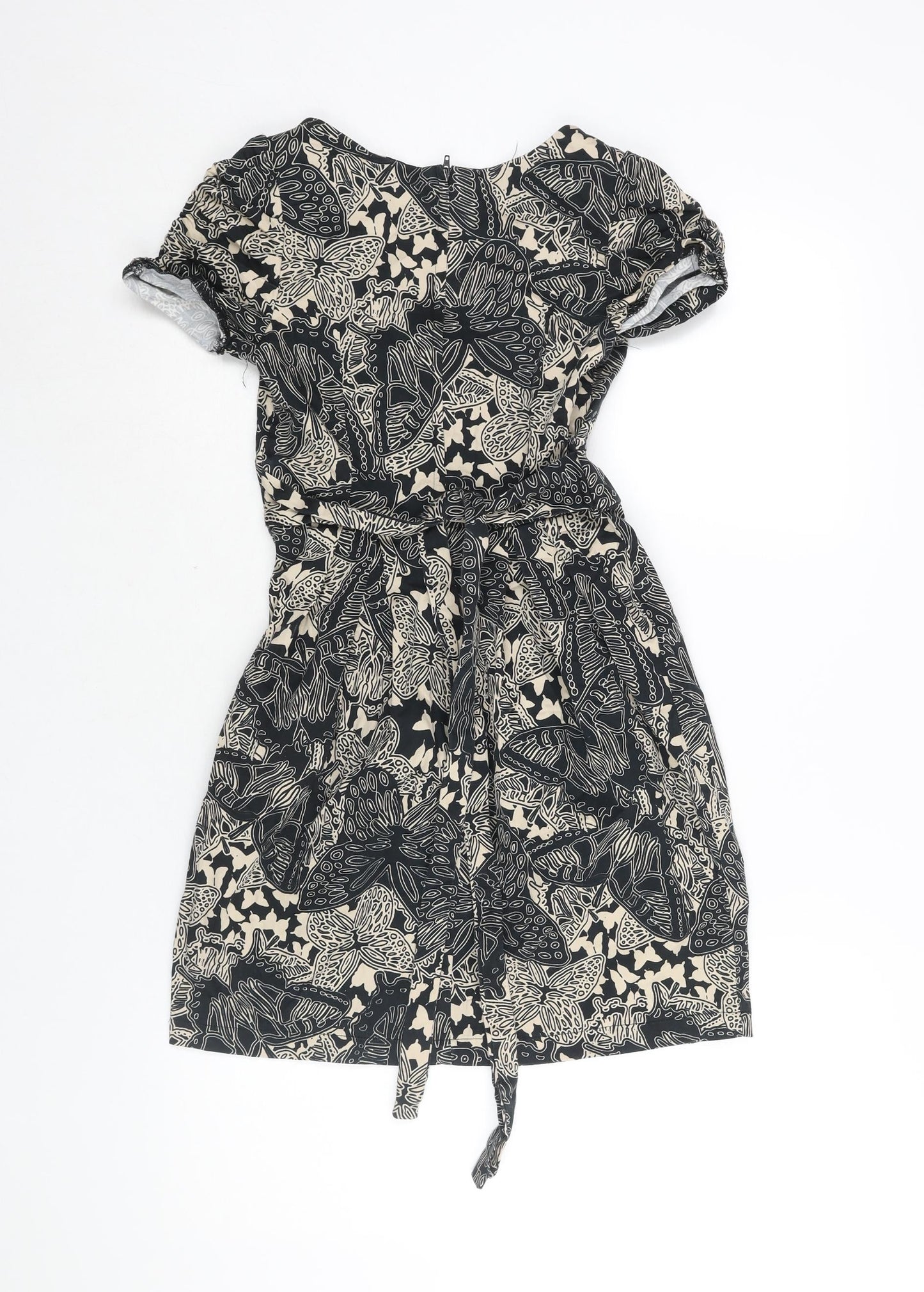 Dorothy Perkins Womens Black Geometric Cotton A-Line Size 6 V-Neck Zip - Belted Leaf Print