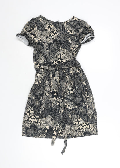 Dorothy Perkins Womens Black Geometric Cotton A-Line Size 6 V-Neck Zip - Belted Leaf Print