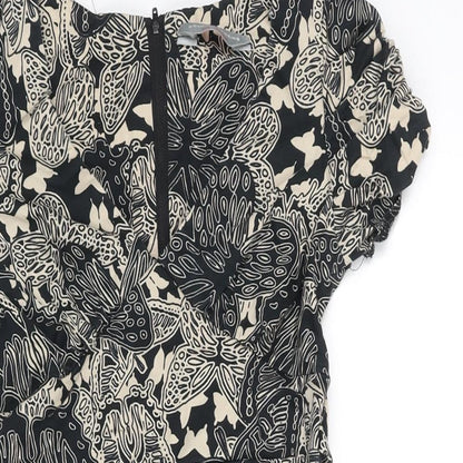 Dorothy Perkins Womens Black Geometric Cotton A-Line Size 6 V-Neck Zip - Belted Leaf Print