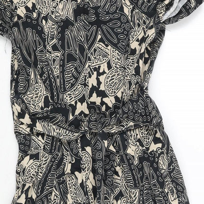 Dorothy Perkins Womens Black Geometric Cotton A-Line Size 6 V-Neck Zip - Belted Leaf Print