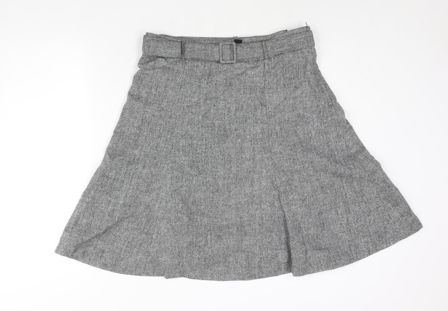 H&M Womens Grey Wool A-Line Skirt Size 14 Zip - Belted