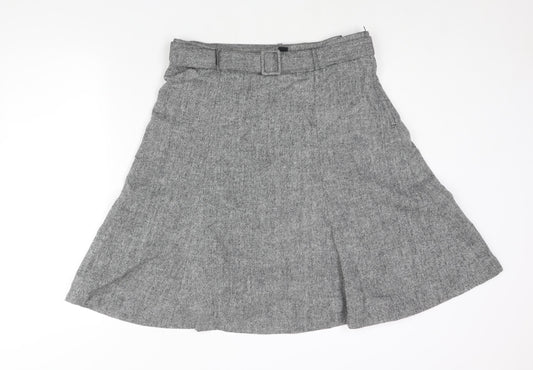 H&M Womens Grey Wool A-Line Skirt Size 14 Zip - Belted
