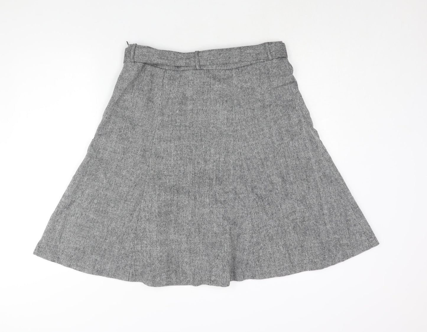 H&M Womens Grey Wool A-Line Skirt Size 14 Zip - Belted