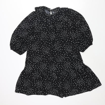 New Look Womens Black Geometric Polyester Shift Size 6 Collared Zip - Frill Smocked