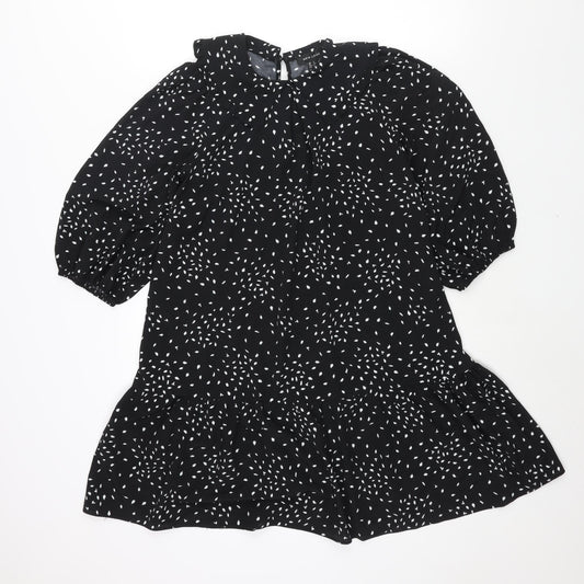 New Look Womens Black Geometric Polyester Shift Size 6 Collared Zip - Frill Smocked