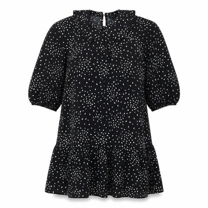New Look Womens Black Geometric Polyester Shift Size 6 Collared Zip - Frill Smocked