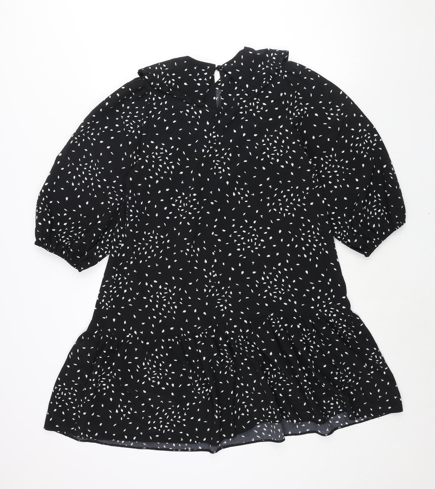 New Look Womens Black Geometric Polyester Shift Size 6 Collared Zip - Frill Smocked