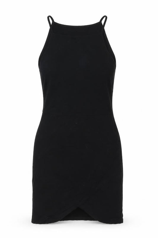 Front view of ASOS women’s black viscose shift, size UK 10, square neck pullover - wrap style