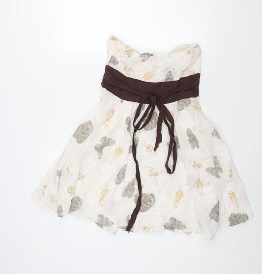 QED London Womens White Geometric Cotton A-Line Size 10 Square Neck Zip - Butterfly Print Belted