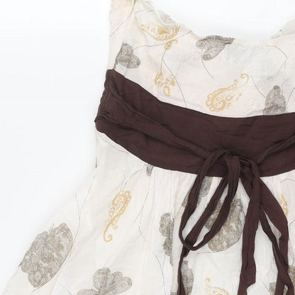 QED London Womens White Geometric Cotton A-Line Size 10 Square Neck Zip - Butterfly Print Belted