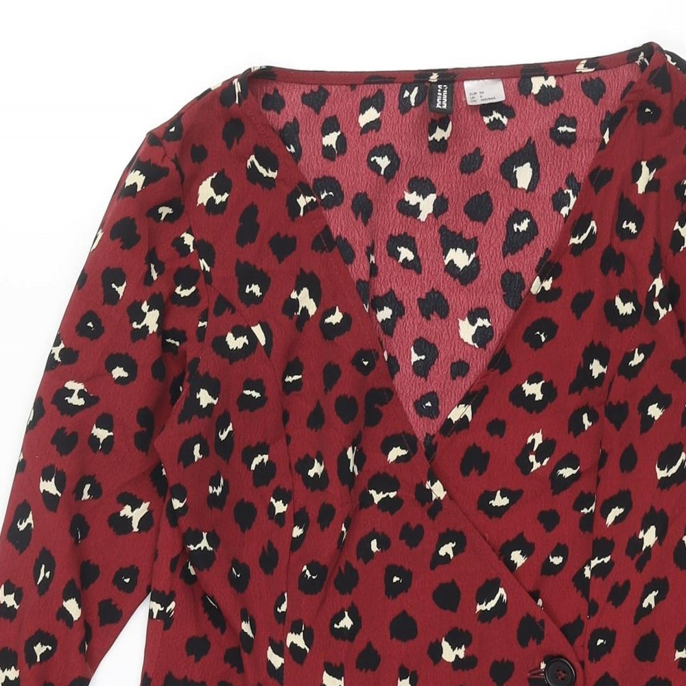 Divided by H&M Womens Red Animal Print Polyester A-Line Size 8 V-Neck Button - Leopard Print