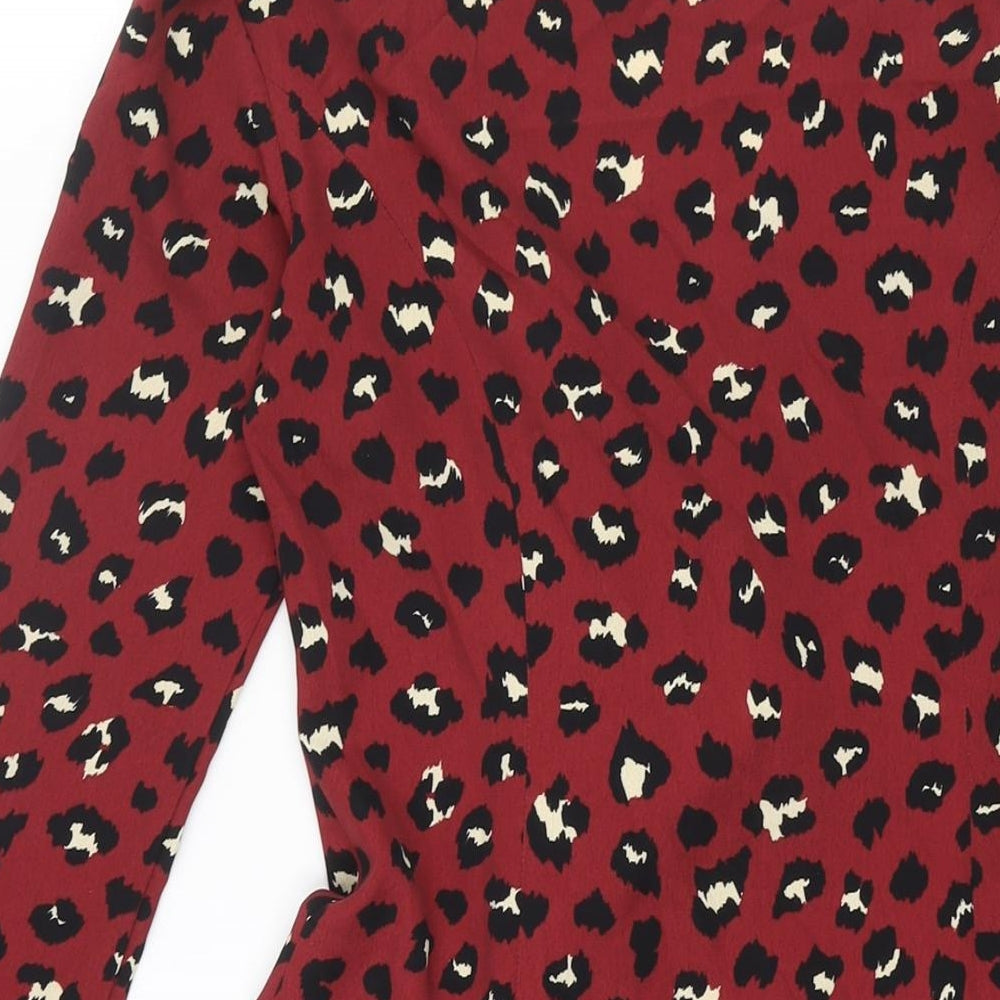 Divided by H&M Womens Red Animal Print Polyester A-Line Size 8 V-Neck Button - Leopard Print