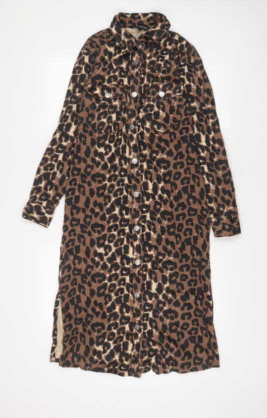 NEXT Womens Brown Animal Print Cotton A-Line Size 8 Collared Button