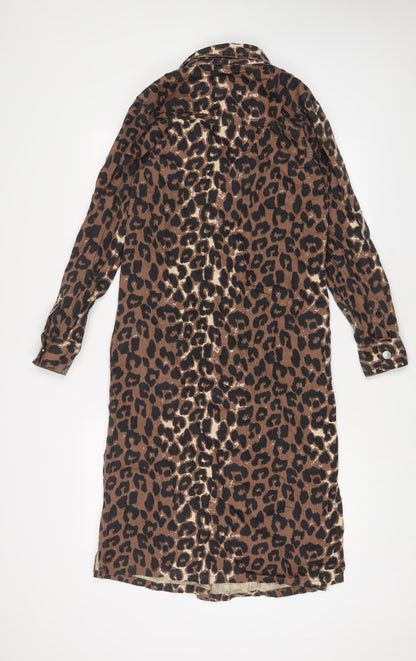NEXT Womens Brown Animal Print Cotton A-Line Size 8 Collared Button