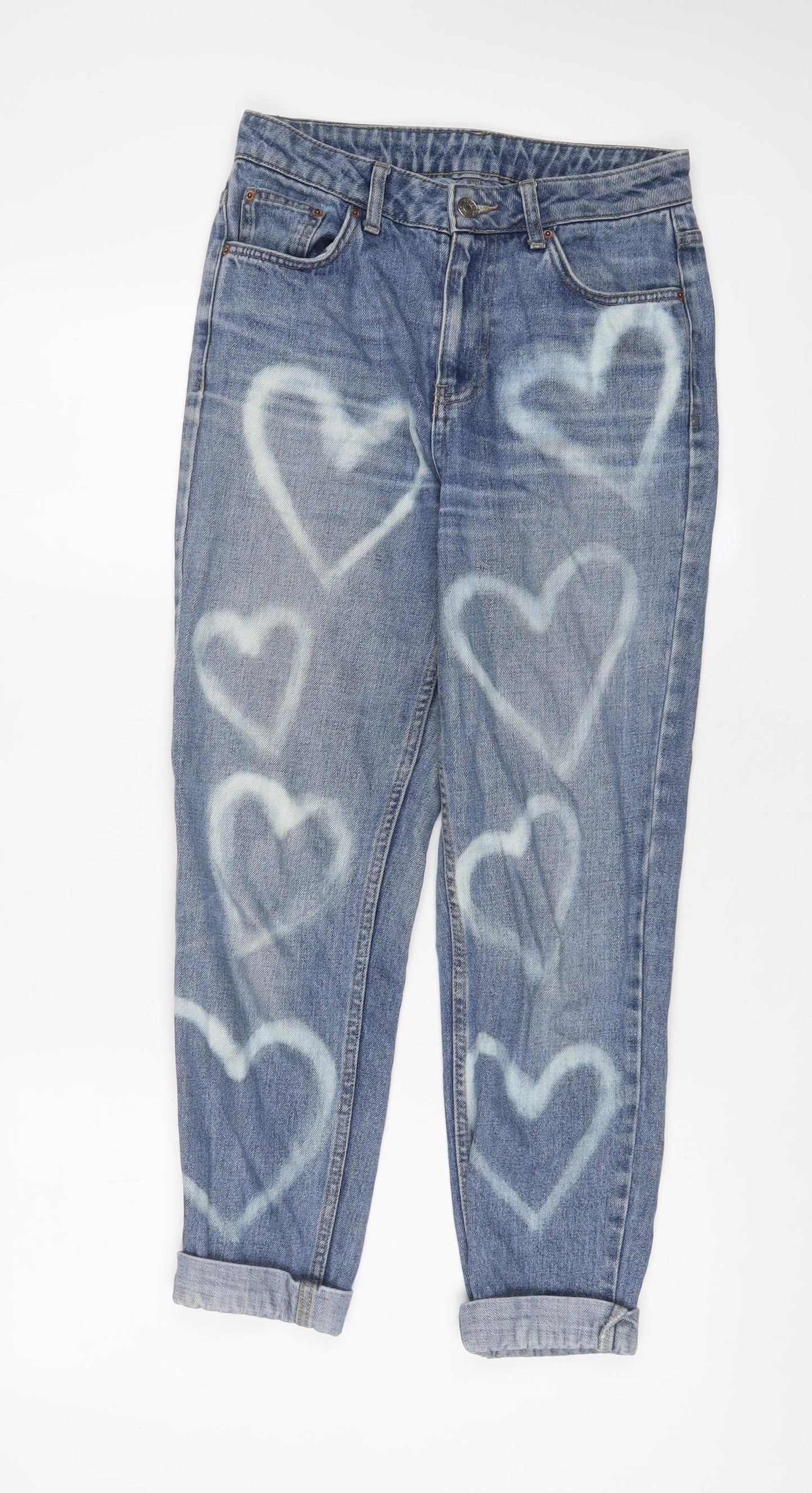 Topshop Womens Blue Geometric Cotton Straight Jeans Size 26 in L32 in Regular Zip - Heart Print