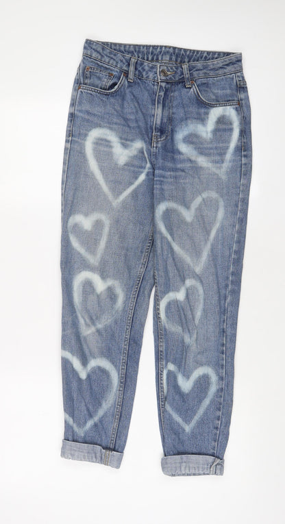 Topshop Womens Blue Geometric Cotton Straight Jeans Size 26 in L32 in Regular Zip - Heart Print