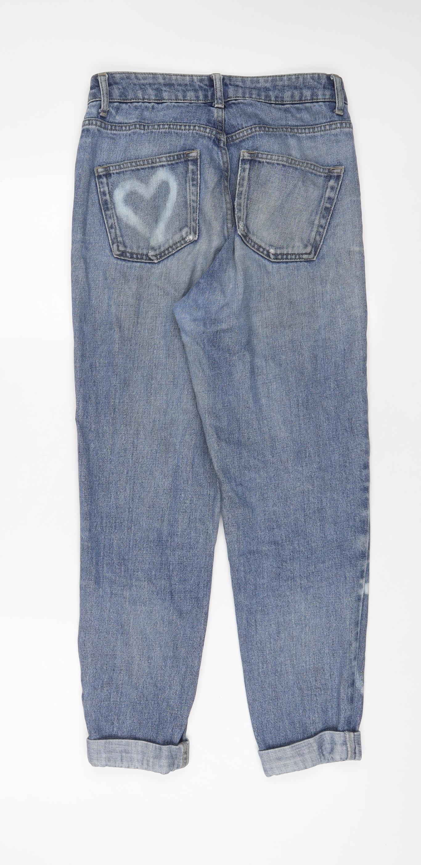Topshop Womens Blue Geometric Cotton Straight Jeans Size 26 in L32 in Regular Zip - Heart Print