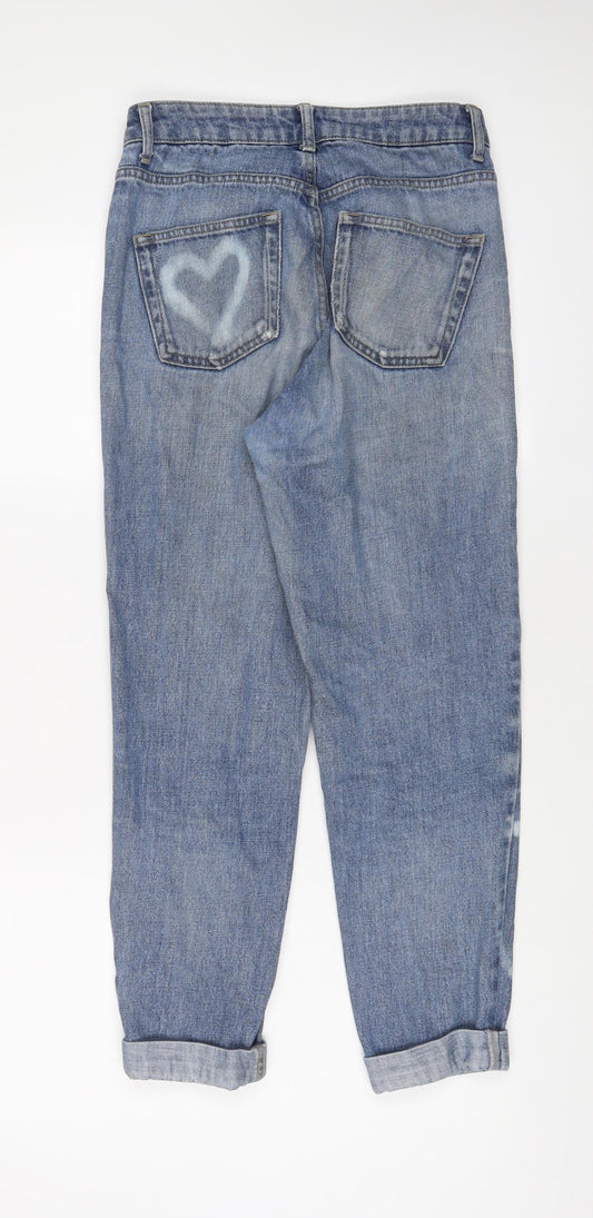 Topshop Womens Blue Geometric Cotton Straight Jeans Size 26 in L32 in Regular Zip - Heart Print