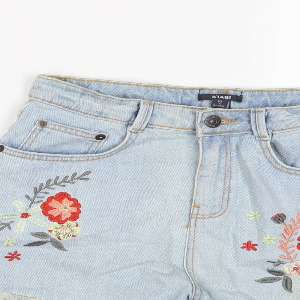 Kiabi Girls Blue Floral Cotton Bermuda Shorts Size 14 Years L3 in Regular Zip - Embroidered