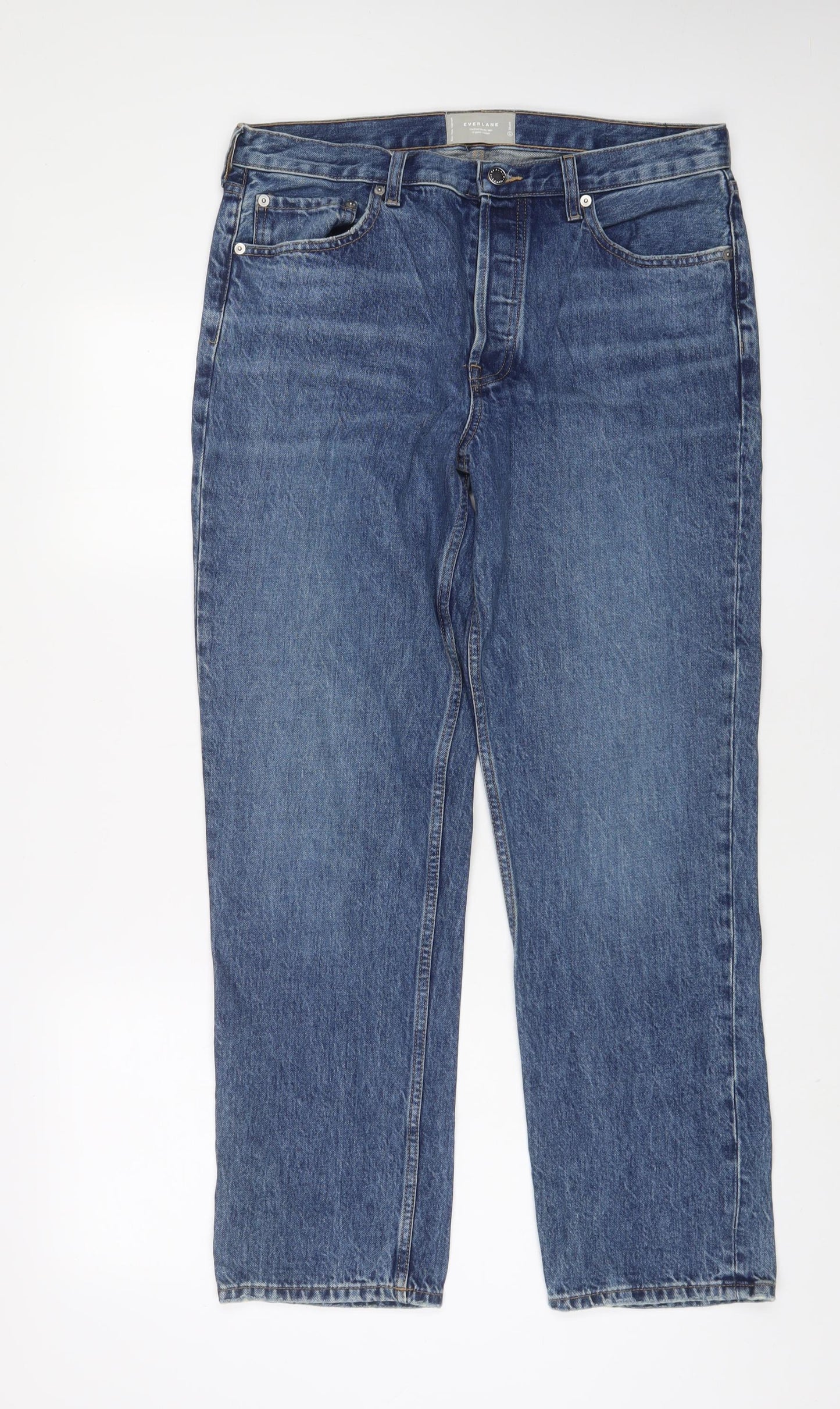 Everlane Mens Blue Cotton Straight Jeans Size 34 in L30 in Regular Button - Short Leg, Pockets