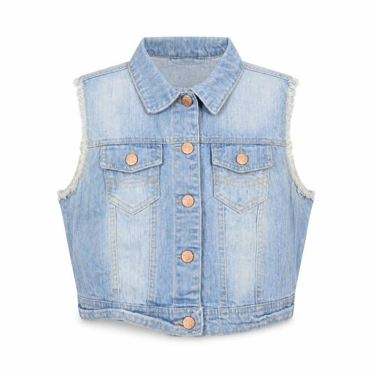 Front view of Denim & Co. women’s blue gilet jacket, size UK 14, button