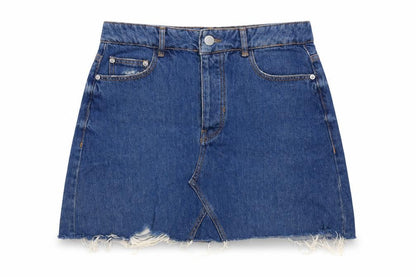 Front view of Berksha women’s blue cotton a-line skirt, size UK 10, button
