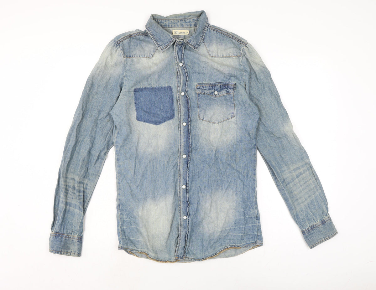 Influence Mens Blue Cotton Button-Up Size S Collared Snap