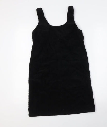 New Look Womens Black 100% Cotton Pinafore/Dungaree Dress Size 6 Scoop Neck Tie