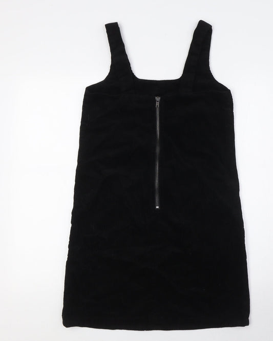 New Look Womens Black 100% Cotton Pinafore/Dungaree Dress Size 6 Scoop Neck Tie