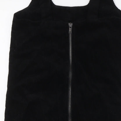 New Look Womens Black 100% Cotton Pinafore/Dungaree Dress Size 6 Scoop Neck Tie
