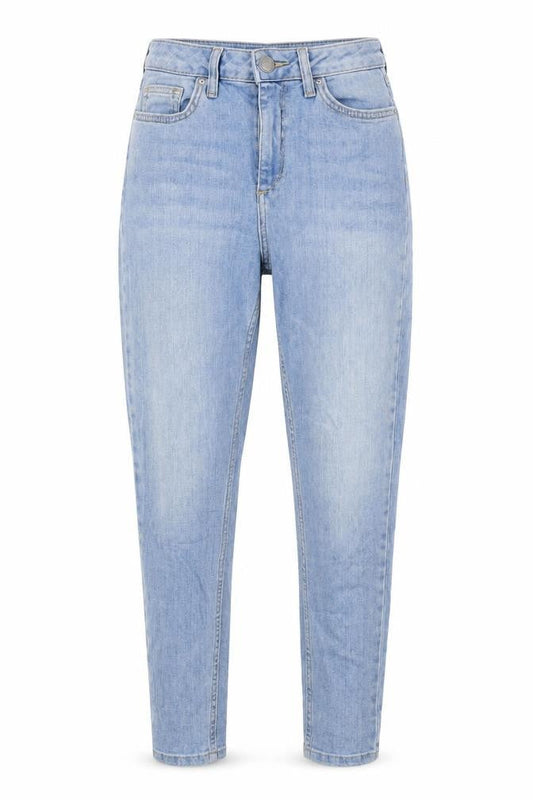 Front view of BDG women’s blue cotton mom jeans, size UK 26, in, 26-inch leg regular button