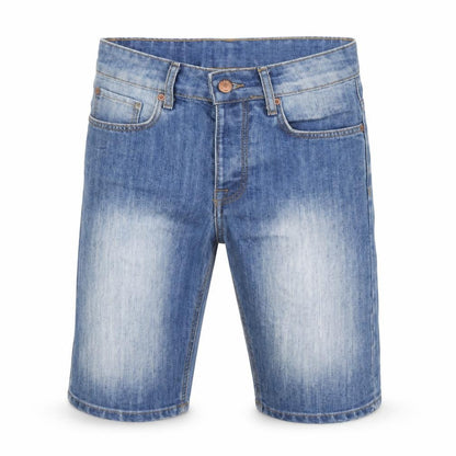 Front view of Denim Co men’s blue cotton bermuda shorts, size 28, in, 9-inch leg regular button