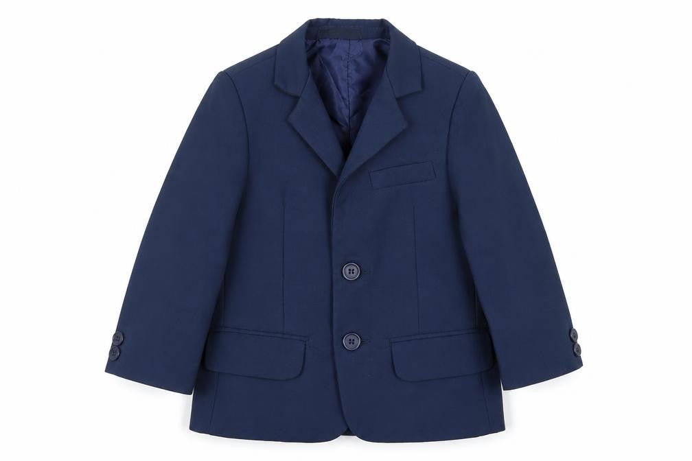 Front view of VivaKi boys’ blue jacket blazer, size 2, years button