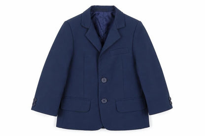 Front view of VivaKi boys’ blue jacket blazer, size 2, years button